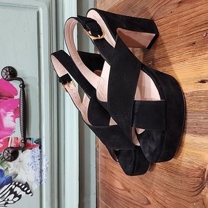 Stuart Weitzman "Jerry" Black Suede Crisscross Block Heel Sandal